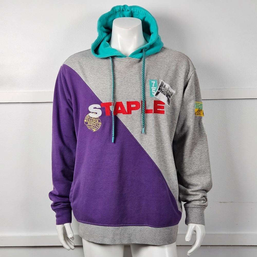 Staple Mens Colorblock Graphic Hoodie Grey Purple Teal XL